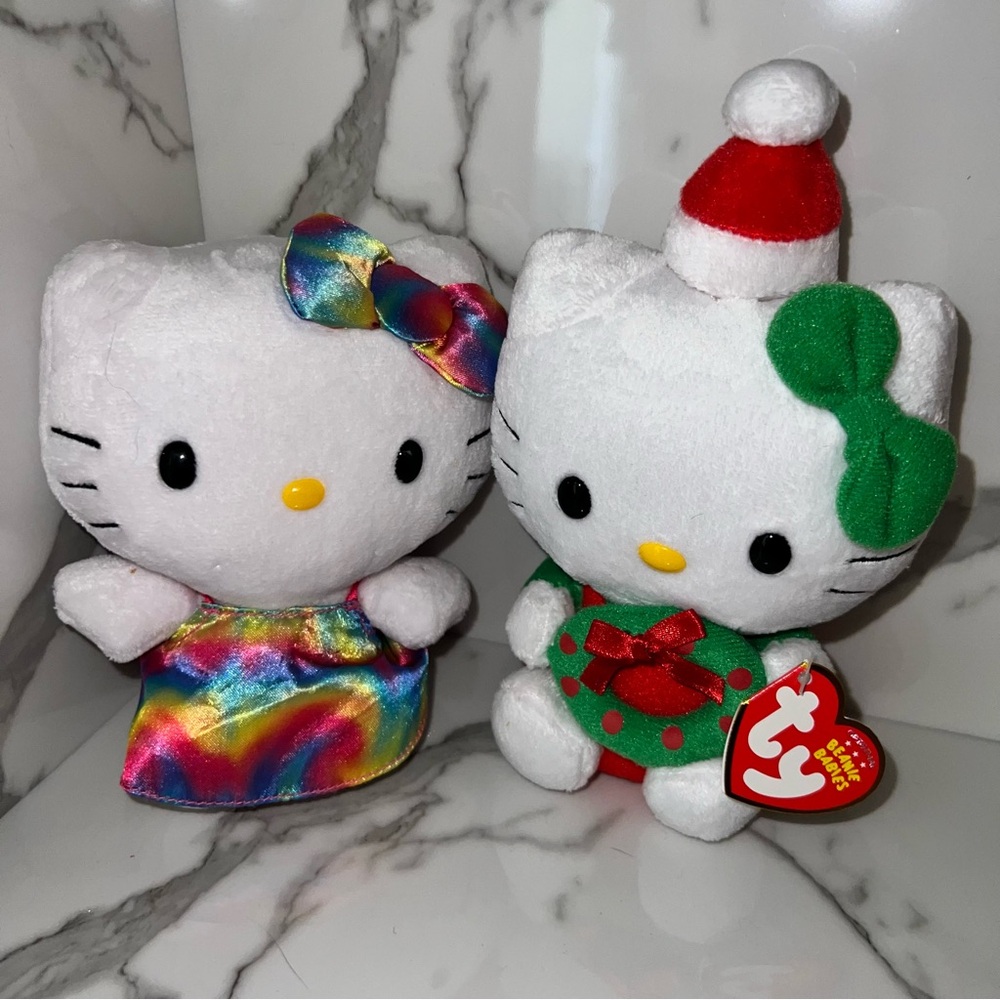 Sanrio TY Hello Kitty Rainbow Tie dye Swirl Christmas Anime Dress Bow Plush  5”